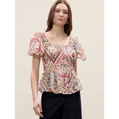 Rebecca Taylor Anya Ramie Top In Montage Floral Ivory Combo