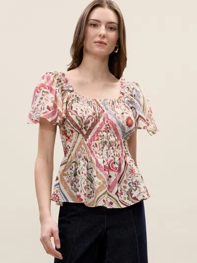 Rebecca Taylor Anya Ramie Top In Montage Floral Ivory Combo