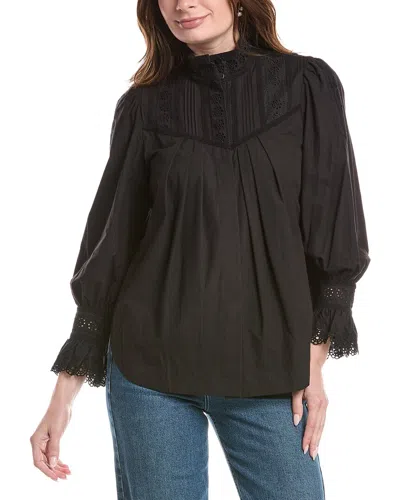 Rebecca Taylor Applique Lace Poplin Top In Black