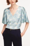 Rebecca Taylor Astera Fleur Pleated Top In Fleur Turquoise Combo