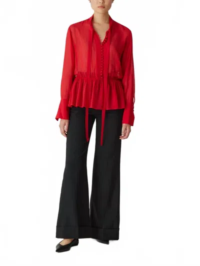 REBECCA TAYLOR COVERED BUTTON TIE BLOUSE IN RED LIP