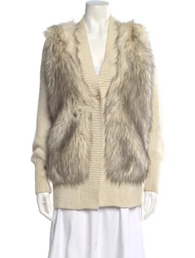 Pre-owned Rebecca Taylor Faux Fur V-neck Sweater In Neutral