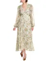 Rebecca Taylor Floral All Over On Viscose Chiffon Blouson Sleeve Midi Dress In Green