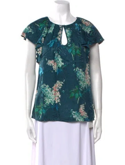 Pre-owned Rebecca Taylor Floral Print Crew Neck Blouse W/ Tags In Green