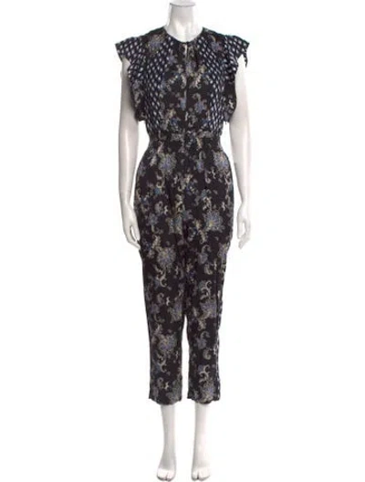 Pre-owned Rebecca Taylor Floral Print Crew Neck Jumpsuit W/ Tags In Black