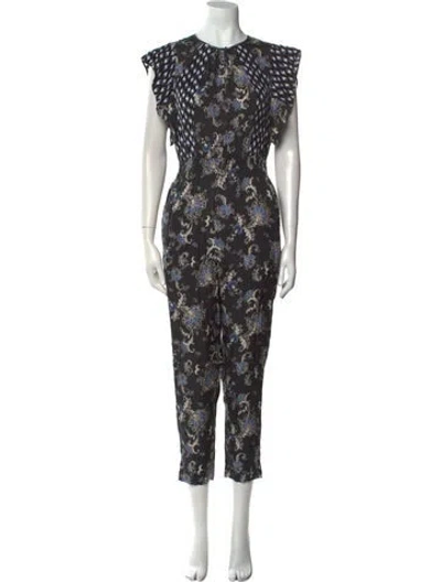 Pre-owned Rebecca Taylor Floral Print Crew Neck Jumpsuit W/ Tags In Black
