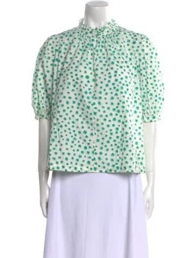 Pre-owned Rebecca Taylor Floral Print Mock Neck Blouse In Green