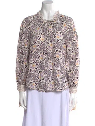 Pre-owned Rebecca Taylor Floral Print Mock Neck Blouse In Purple