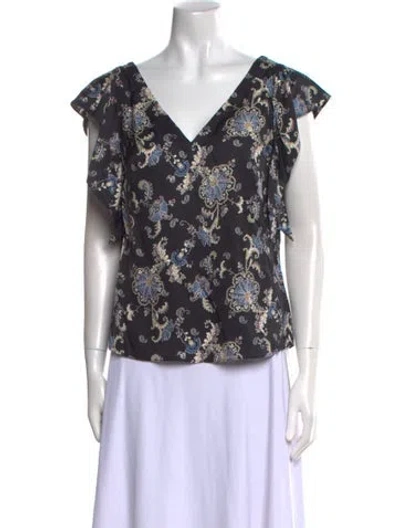 Pre-owned Rebecca Taylor Floral Print V-neck Blouse W/ Tags In Blue