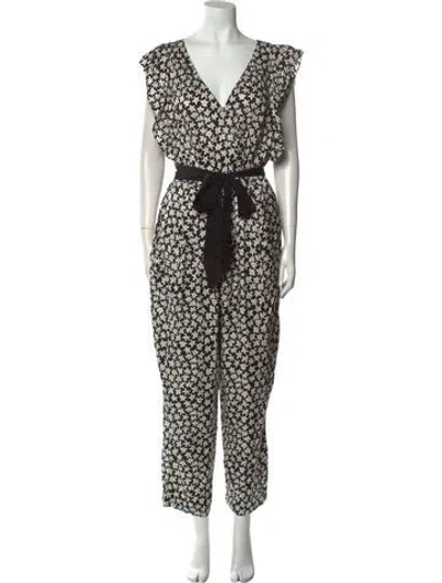 Pre-owned Rebecca Taylor Floral Print V-neck Jumpsuit W/ Tags In Black