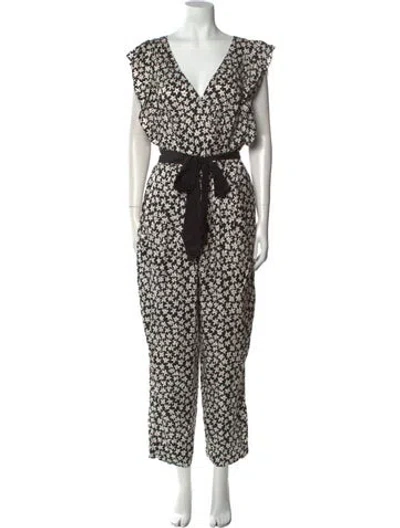 Pre-owned Rebecca Taylor Floral Print V-neck Jumpsuit W/ Tags In Black