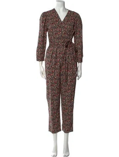 Pre-owned Rebecca Taylor Floral Print V-neck Jumpsuit W/ Tags In Black
