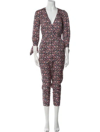 Pre-owned Rebecca Taylor Floral Print V-neck Jumpsuit W/ Tags In Black