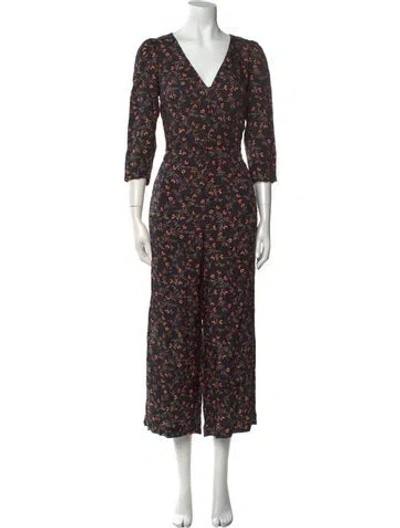 Pre-owned Rebecca Taylor Floral Print V-neck Jumpsuit W/ Tags In Black