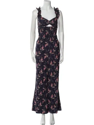 Pre-owned Rebecca Taylor Floral Print V-neck Jumpsuit W/ Tags In Blue