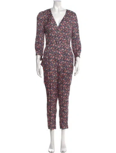 Pre-owned Rebecca Taylor Floral Print V-neck Jumpsuit W/ Tags In Blue