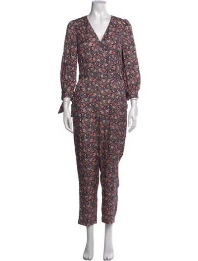 Pre-owned Rebecca Taylor Floral Print V-neck Jumpsuit W/ Tags In Blue