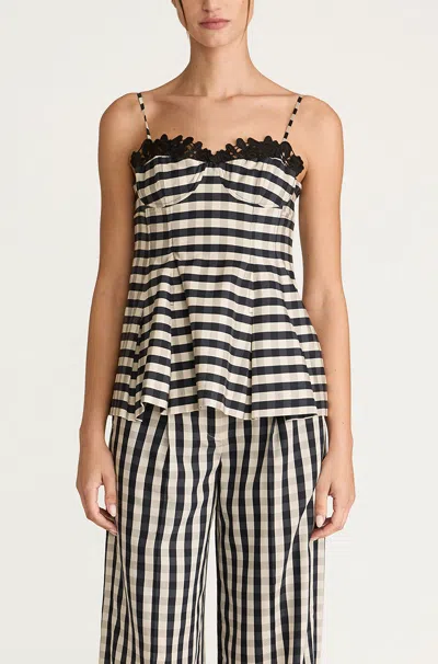 Rebecca Taylor Gingham Twill Embroidered Bustier Tank In Black
