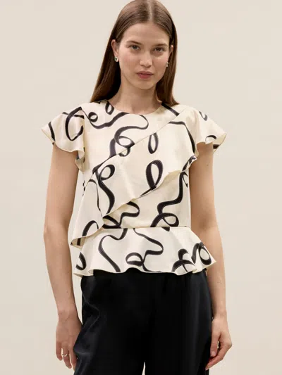 Rebecca Taylor Hollis Satin Top In Ribbon Print In Neutral