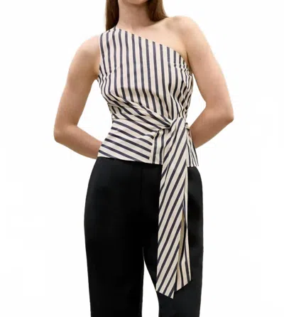 Rebecca Taylor Isla One Shoulder Poplin Top In Cream Stripe In Multi