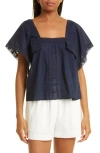 Rebecca Taylor Lace Inset Cotton Top In Blue