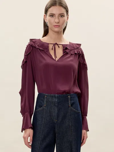Rebecca Taylor Lillith Ruffle Blouse In Burgundy