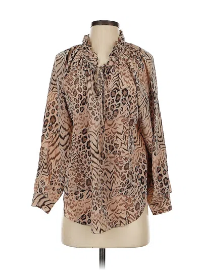 Pre-owned Rebecca Taylor Long Sleeve Silk Top Tan Animal Print Pattern Tie Neck Tops In Brown