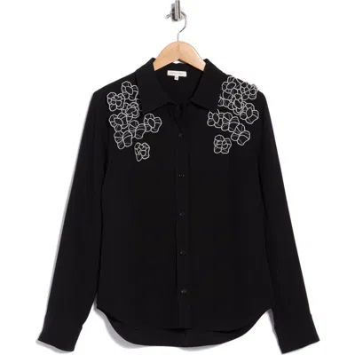 Rebecca Taylor Mia Floral Appliqué Long Sleeve Crepe Button-up Shirt In Black