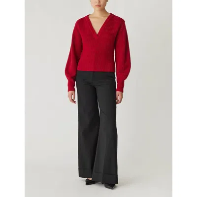Rebecca Taylor Novlety Wool Victorian Slv V Neck In Red Lip