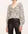Rebecca Taylor Paige Fleur Drawstring Blouse In Black White Flower Combo In Multi