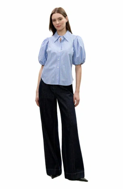 Rebecca Taylor Priya Poplin Blouse In Blue Stripe Combo