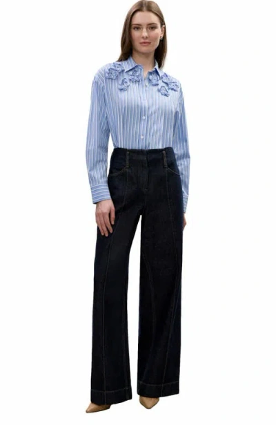 Rebecca Taylor Priya Poplin Shirt In Blue Stripe Combo