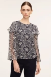 Rebecca Taylor Rochelle Fleur Ruffle Silk Blouse In Rochelle Fleur Navy Combo