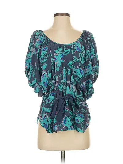 Pre-owned Rebecca Taylor Short Sleeve Silk Top Teal Sweetheart Neckline Tops In Blue