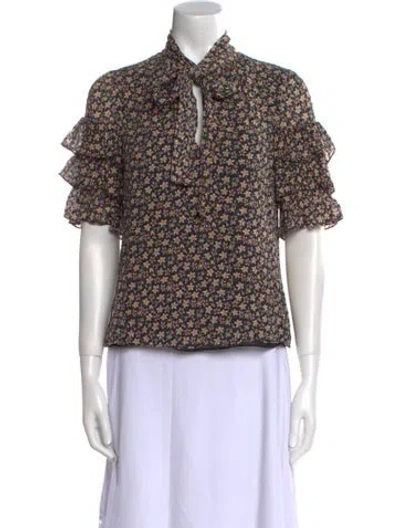 Pre-owned Rebecca Taylor Silk Floral Print Blouse W/ Tags In Black