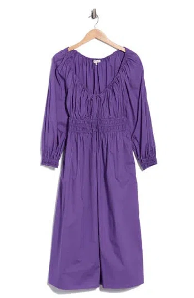 Rebecca Taylor Smocked Cotton Poplin Long Sleeve Dress In Purple
