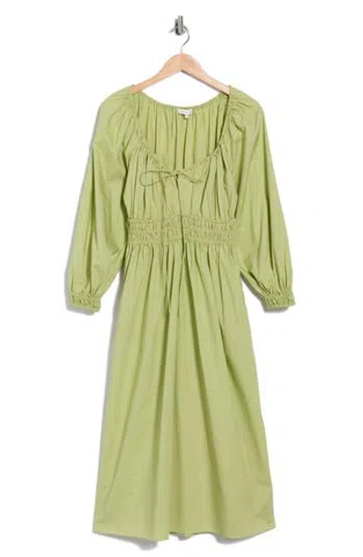 Rebecca Taylor Smocked Cotton Poplin Long Sleeve Dress In Green