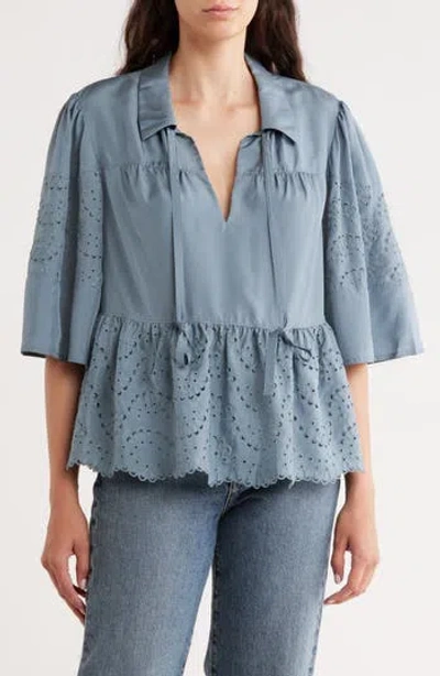 Rebecca Taylor Tie Keyhole Embroidered Eyelet Silk Peplum Top In Blue