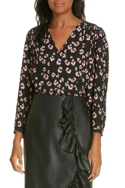 Rebecca Taylor V Neck Cheetah Print Silk Blouse In Black