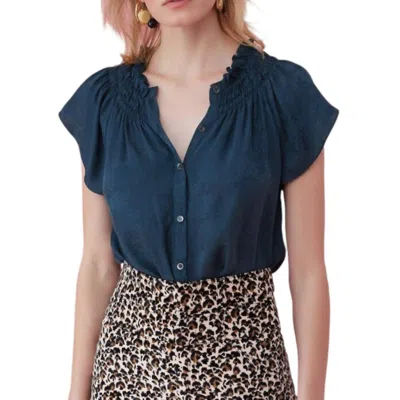 Rebecca Taylor V Neck Floral Silk Jacquard Short Sleeved Blouse In Blue