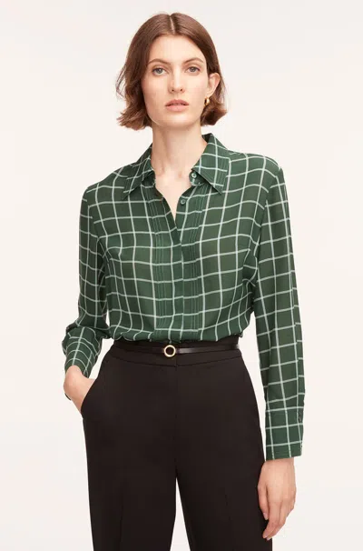 Rebecca Taylor Windowpane Silk Pleated Blouse In Jasper Green Combo