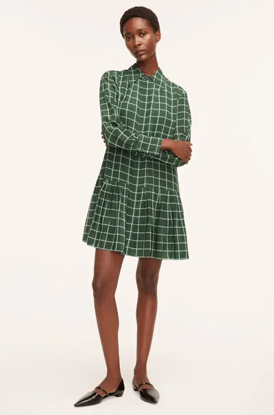 Rebecca Taylor Windowpane Silk Pleated Shirt Dress In Green