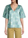 Rebecca Taylor Astera Fleur Pleated Top In Blue Floral Multi