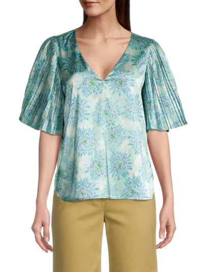 Rebecca Taylor Women's Astera Fleur Pleated Puff-sleeve Blouse In Blue Floral Multi
