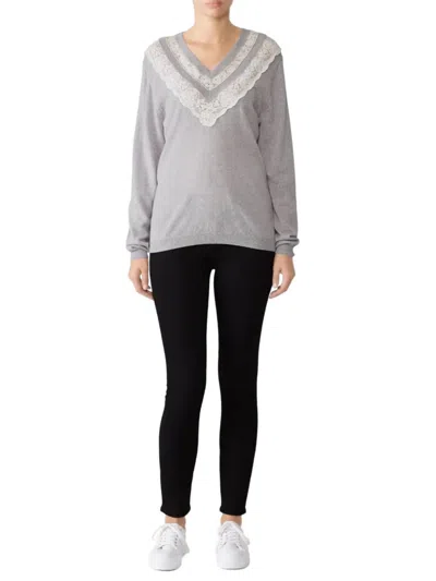 Rebecca Taylor Women's Merino Wool & Lace V Neck Sweater In Grey