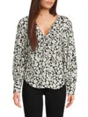 Rebecca Taylor Paige Fleur Drawstring Blouse In Black White Flower Combo In White Black