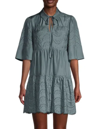 Rebecca Taylor Women's Silk Eyelet Mini Dress In Smokey Blue