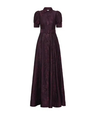 Rebecca Vallance Afina Belted Floral Brocade Gown In Purple