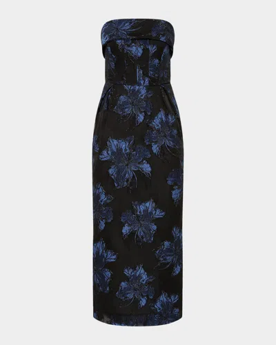 Rebecca Vallance Alexandra Strapless Floral Brocade Midi Dress In Blue