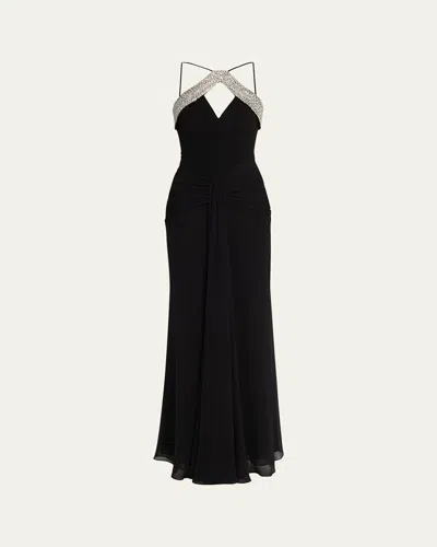 Rebecca Vallance Astros Draped Crystal-trim Halter Gown In Black